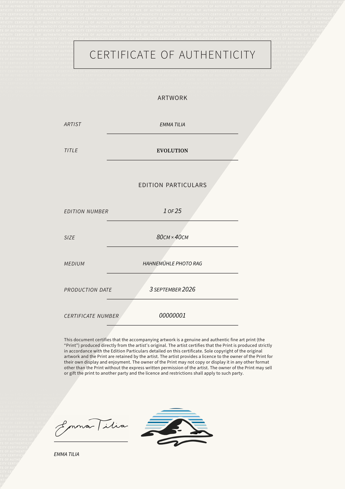 Evolution — Certificate of Authenticity
