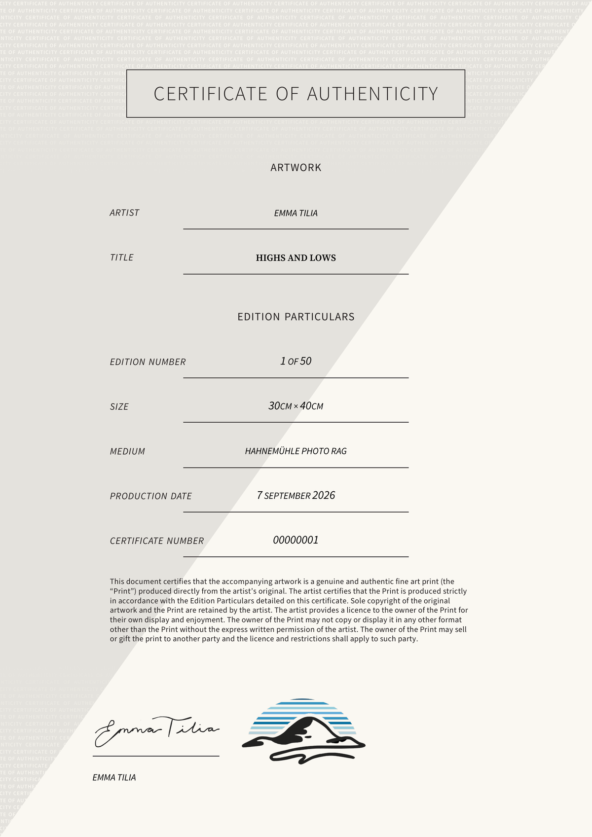 Highs and Lows — Certificate of Authenticity